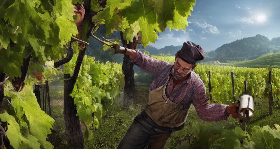 Image similar to A beautiful hyper realistic ultra detailed lifelike matte painting of traditional austrian vineyard worker, unreal engine, deviantart, flickr, artstation, octane render, textured, colorful, extreme realistic detail, physically based rendering, pbr render, very detailed, volumetric lighting, detailed lighting, octane render, 4k, cinematic lighting, 8k resolution