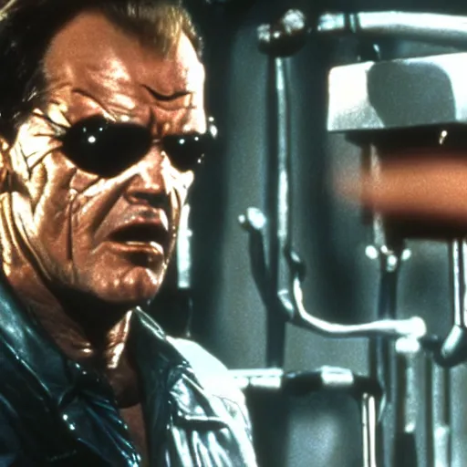 Image similar to Jack Nicholson plays Terminator, film scene where his endoskeleton gets exposed