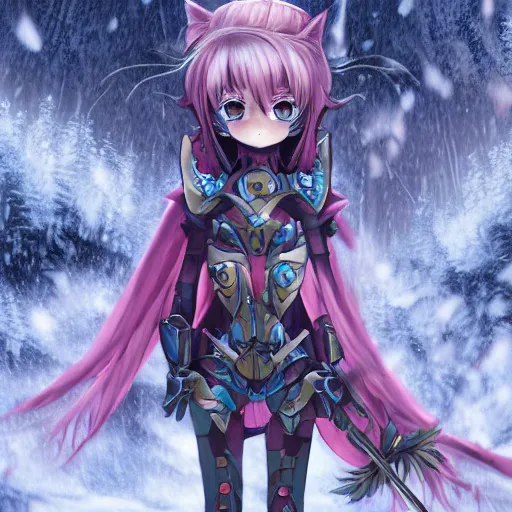 Image similar to portrait focus of knight beautiful 3D anime girl, cat armor wearing, dark forest background, snowing, bokeh, inspired by Masami Kurumada, digital painting, high contrast, unreal engine render, volumetric lighting, high détail