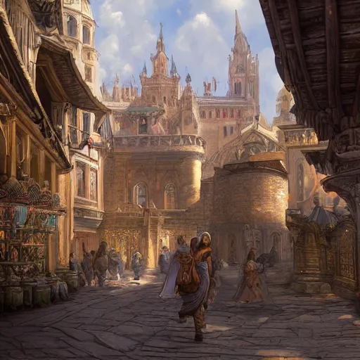 Image similar to a medieval city with temple, market, palace, tavern, beautiful, detailed, temple, market, palace, tavern, concept art illustration, color page, tone mapping, akihiko yoshida, james jean, andrei riabovitchev, marc simonetti, digital illustration, greg rutowski, volumetric lighting, sunbeams, particles