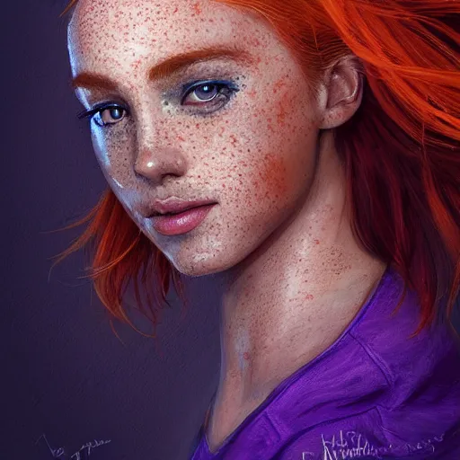 Image similar to close up portrait of a beautiful smiling girl with orange hair and freckles, happy intricate, elegant. highly detailed, digital painting, artstation, concept art, smooth, sharp, focus, illustration. background is purple, art by artgerm and Ross Tran