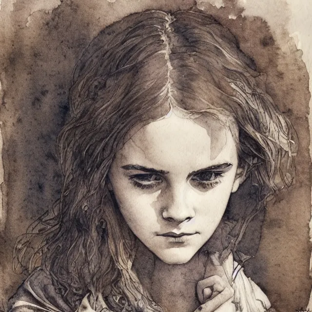 Prompt: a detailed, intricate watercolor and ink portrait illustration with fine lines of young 1 4 year old emma watson looking over her shoulder, tearful face contorted with grief, by arthur rackham and edmund dulac and lisbeth zwerger