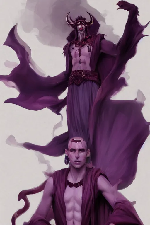 Image similar to djinn man male demon, portrait, full body character concept art, purple cloak, costume design, illustration, white horns from eyebrows, single face, cinematic color grading, editorial photo, fashion, hyperrealism, trending on artstation, Charlie Bowater, WLOP