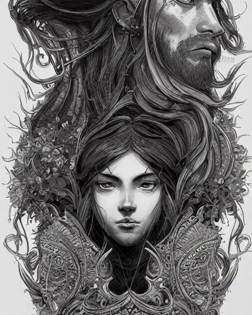 Image similar to portrait of a man, baroque style, elegant, beautiful, mesmerizing, concept art, intricate linework, detailed and intricate environment, artstation, inspired by monstress, sana takeda