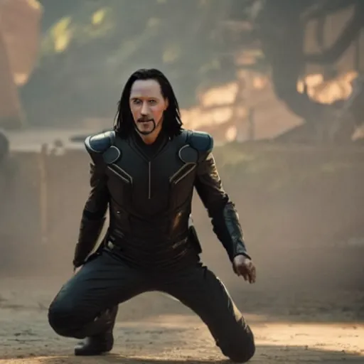 Prompt: film still of Keanu Reeves as Loki in Avengers Endgame