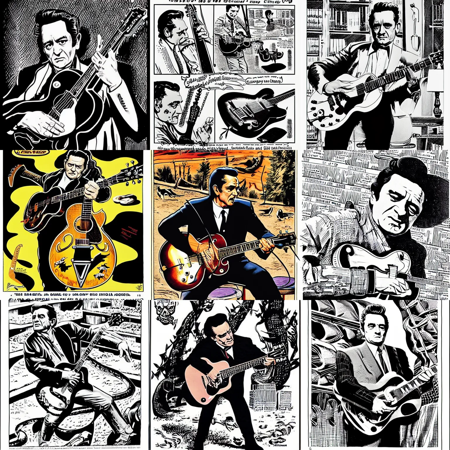 Prompt: Johnny Cash shredding on a Gibson ES-355, snakes and barrels of snake oil all around, quack medicine, groovy, art by Al Feldstein