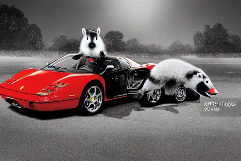 Prompt: a highly detailed depiction of an anthro badger wearing a tuxedo sitting on the hood of his ferrari, ultra realistic, moonlit parking lot, beautiful lighting, photorealistic, hyperrealistic, octane, epic composition, sharp focus, masterpiece, vibrant colors, by richard avedon and annie leibovitz and arnold newman