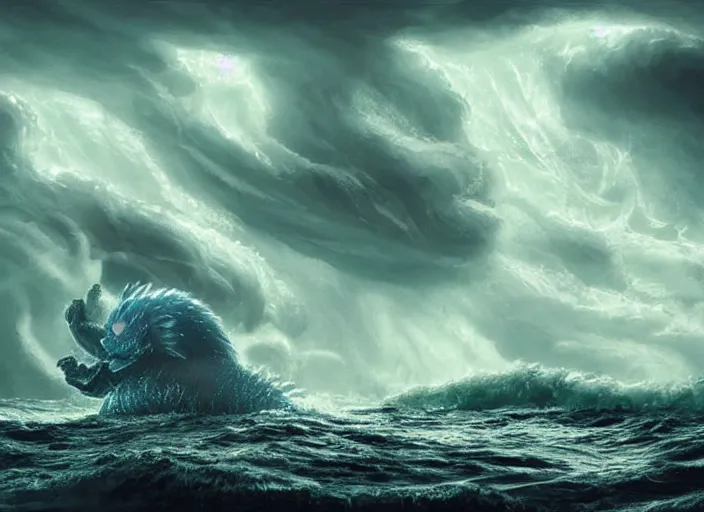 Prompt: wild ocean storm at night, a giant Sonic the Hedgehog emerging from water, dramatic lighting, cinematic, establishing shot, extremly high detail, foto realistic, cinematic lighting, post processed, concept art, artstation, matte painting, style by eddie mendoza, raphael lacoste, alex ross