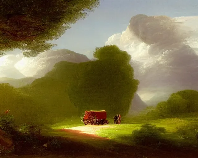 Image similar to a painting of a covered wagon traveling down a road, lush countryside, early morning, masterpiece by thomas cole