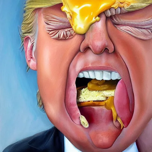 Image similar to realistic painting by jenny saville of!! donald trump!! licking a! cheeseburger!, art by jenny saville and tom bagshaw, detailed, sharp, smooth,! hamburger!