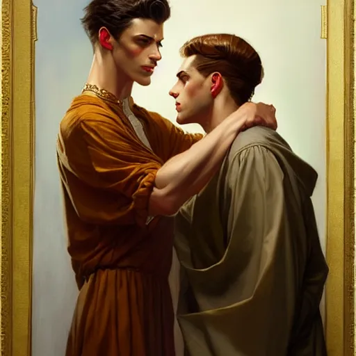 Image similar to attractive fully clothed king confesses his love for his attractive fully clothed male prince. highly detailed painting by j. c. leyendecker, craig mullins, tom bagshaw,