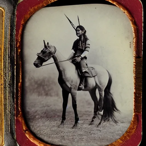 Image similar to tintype photo, native american riding unicorn