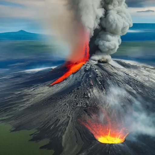 Prompt: spectacular aerial view of volcano eruption, photorealistic, ultra - detailed, 4 k high resolution, hdr shot, unreal engine rendering 4 k