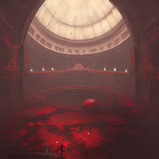 Prompt: concept art by greg rutkowski, a futuristic large inner garden under a great dome, desolate, covered in reddish slime on all sides, uncanny atmosphere, low light, scary atmosphere, scifi, highly detailed portrait, digital painting, artstation, concept art, smooth, sharp foccus ilustration, artstation hq