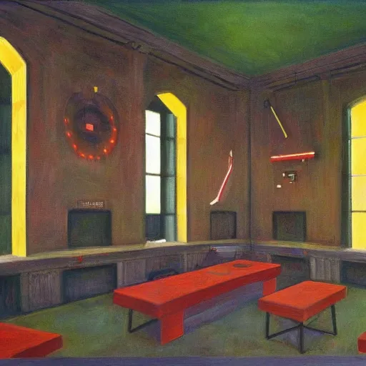 Image similar to mind control facility interior, dystopian, pj crook, edward hopper, oil on canvas