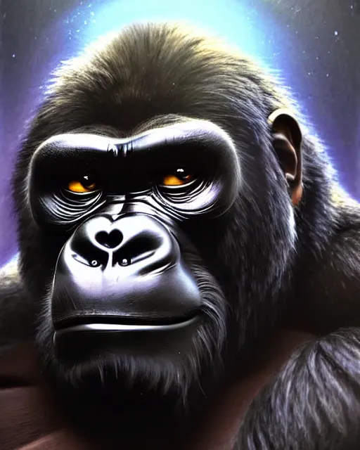 Prompt: winston the gorilla from overwatch, wearing battle tech armor, wearing square glasses, smart looking, character portrait, portrait, close up, highly detailed, intricate detail, amazing detail, sharp focus, vintage fantasy art, vintage sci - fi art, radiant light, caustics, by boris vallejo