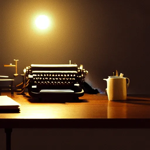 Image similar to painting of a typewriter on a desk in a dimly lit room, volumetric lighting, style of greg rutkowski