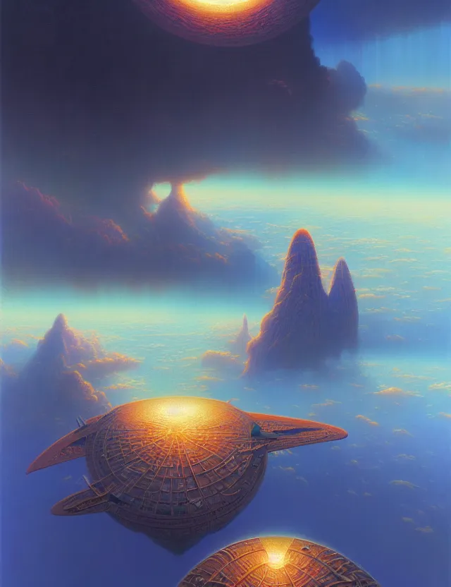 Prompt: a minimalistic utopia in the clouds, tim hildebrandt, wayne barlowe, bruce pennington, donato giancola, trending on artstation, cinematic composition, beautiful lighting, hyper detailed, 8 k, oil on canvas