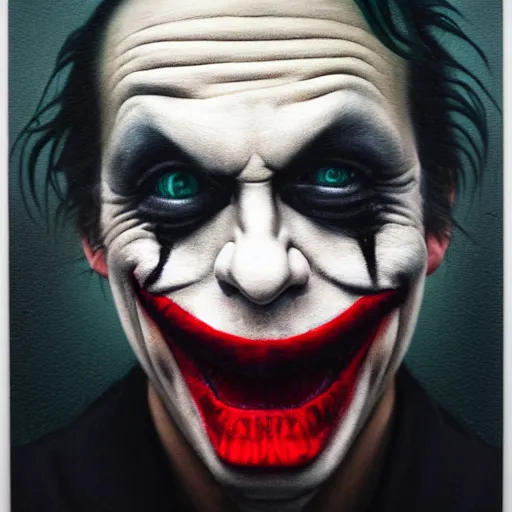 Image similar to portrait of an angry joker by Sean Yoro and Chie Yoshii, dark, moody, foggy, gloomy, high details, washed colors