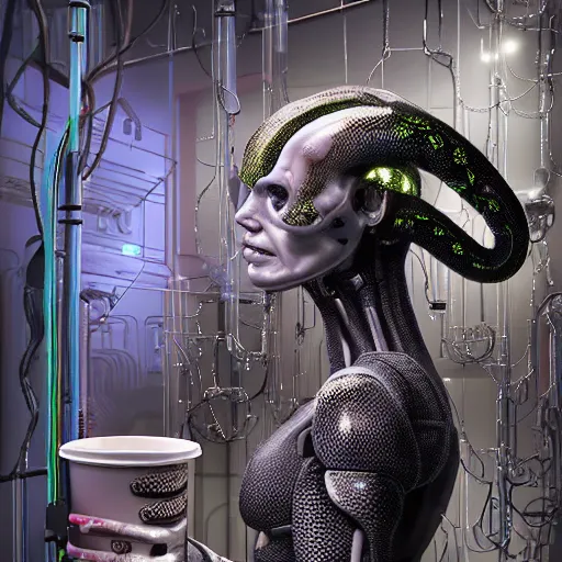 Prompt: the upper torso of a terminator cyborg lady with borg implants, human face and robotic snakes coming out of her head is hanging from cables and wires off the ceiling of a lab. Her bottom half is missing with cables hanging out. She is taking a sip from a cup of coffee. Tiny green led lights in her cybernetics. very detailed 8k. Horror cyberpunk style.