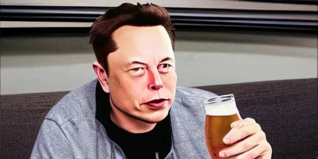 Prompt: full distant shot of bald elon musk in a tracksuit drinking beer in the couch in a dirty trailer, by ken loach