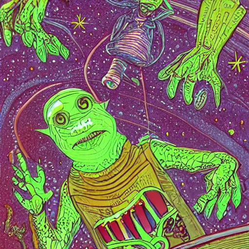Prompt: extraterrestrial bordello on another planet, Jim Henson creature shop, highly detailed, illustration