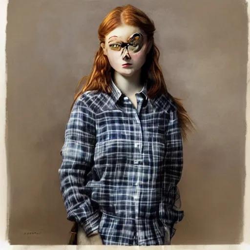 Prompt: extraordinary portrait : 4 0 - year - old sadie sink in a checked shirt, modern hairstyle. in her art studio. 1 9 9 0 s. precise detail. art by anders zorn, wonderful masterpiece by greg rutkowski, beautiful cinematic light, american romanticism by greg manchess, jessica rossier