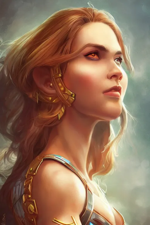 Image similar to three quarters portrait of a beautiful woman,super hero costume,heroic pose,highly detailed, digital painting,illustration, art by Stanley Lau