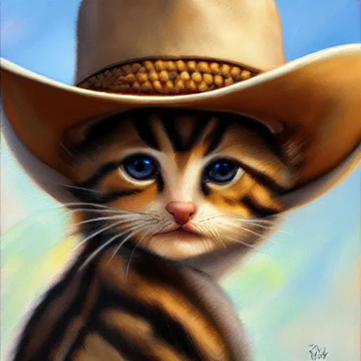 Image similar to realistic baby kitten with cowboy hat, photorealism, old west