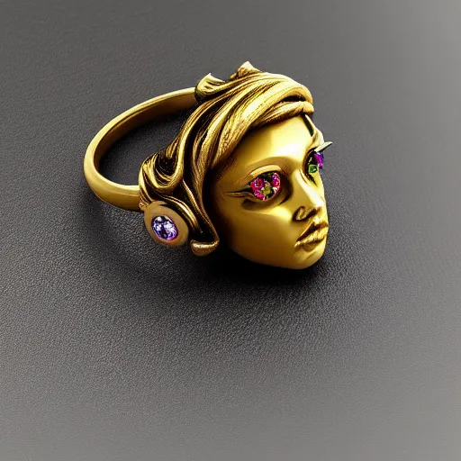 Image similar to complex golden ring with cameo and gems on the female model hand with bust with a cyberpunk style, 8k, details