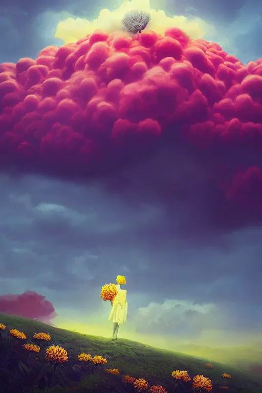 Image similar to closeup girl with huge yellow dahlia flower face, intricate, standing on mountain, surreal photography, blue storm clouds, dramatic light, impressionist painting, digital painting, artstation, simon stalenhag