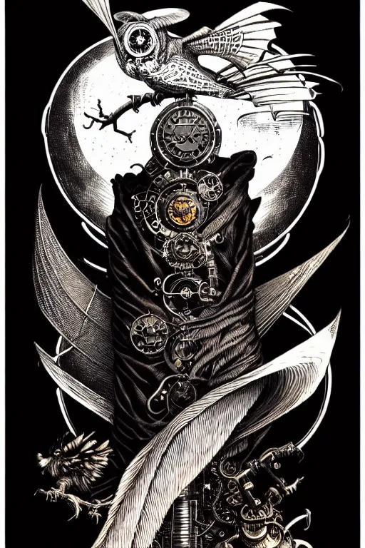 Image similar to side view of majestic steampunk anthropomorphic owl alchemist cloaked wizard, high details, bold line art, by vincent di fate and joe fenton, inking, etching, screen print, masterpiece, trending on artstation, sharp, high contrast, hyper - detailed,, hd, 4 k, 8 k