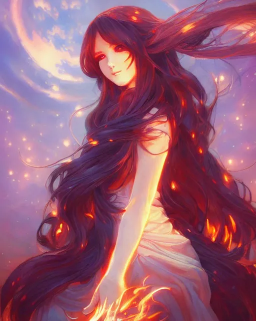 Image similar to beautiful long haired anime girl, fire dress, flames everywhere, highly detailed, digital painting, artstation, concept art, smooth, sharp focus, illustration, art by artgerm and greg rutkowski and alphonse mucha