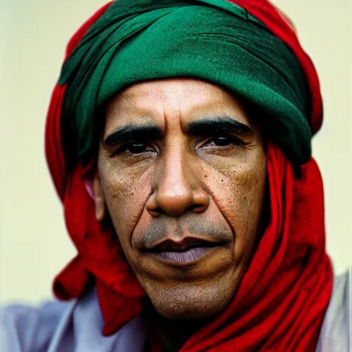 Image similar to portrait of president barack obama as afghan man, green eyes and red turban looking intently, photograph by steve mccurry