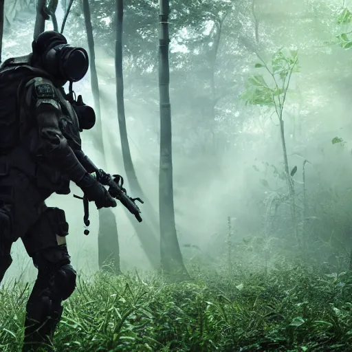 Image similar to a heavily armored man wearing a gasmask, walking through a lush jungle, realistic octane render, ray traced, god rays, extremely high detail