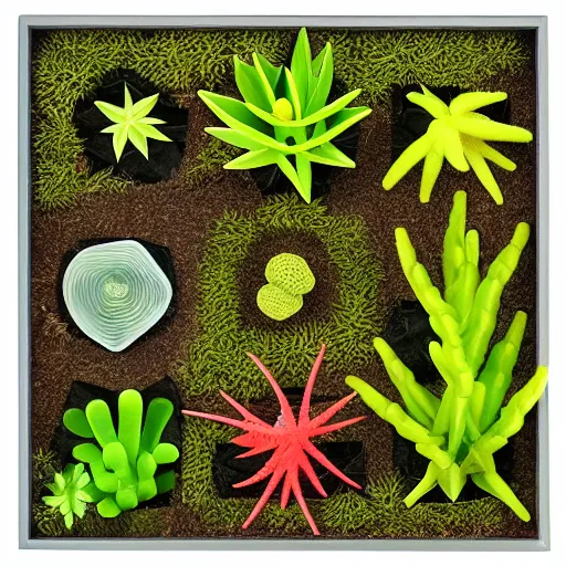 Prompt: composition of nine square boxes with different plants forms, diorama, front view, light mode, led lamps, coral reef, tremella fuciformis, grass, leaves, abstract sculpture