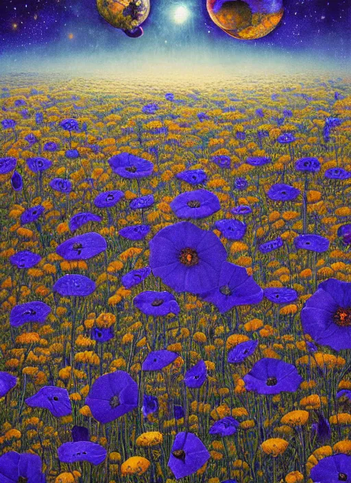 Image similar to detailed, intricate blue black and purple papaverum flower on the field, nebula, galaxy in the sky, winning award masterpiece, fantastically beautiful, illustration, aestheticly inspired, jacek yerka, upscale with anguissola sofonisba work, artstation, 8 k