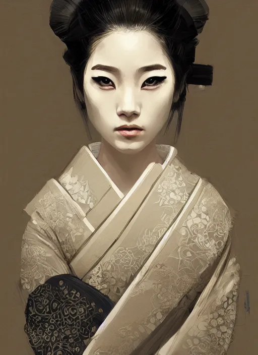 Image similar to female geisha girl, beautiful face, rule of thirds, intricate outfit, symmetrical, spotlight, by greg rutkowski, by jeremy mann, digital painting