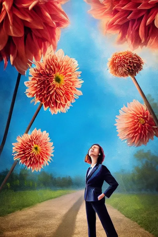 Image similar to closeup giant dahlia flower head, girl in a suit, street, surreal photography, blue sky, sunrise, dramatic light, impressionist painting, digital painting, artstation, simon stalenhag