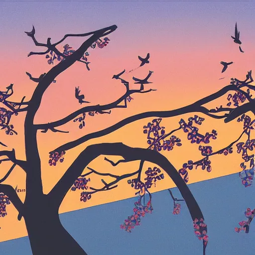 Image similar to birds on cherry tree, Changelingcore, serene, graceful, sunset photo at golden hour, Kodachrome, digital painting by M. C. Escher