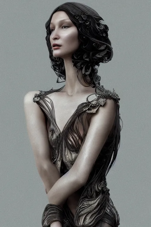 Image similar to a realistic moody portrait photo of a beautiful ancient alien woman goddess bella hadid standing in iris van herpen dress jewelery and fractals in style of alphonse mucha art nuvo dmt trending on artstation made in unreal engine 4