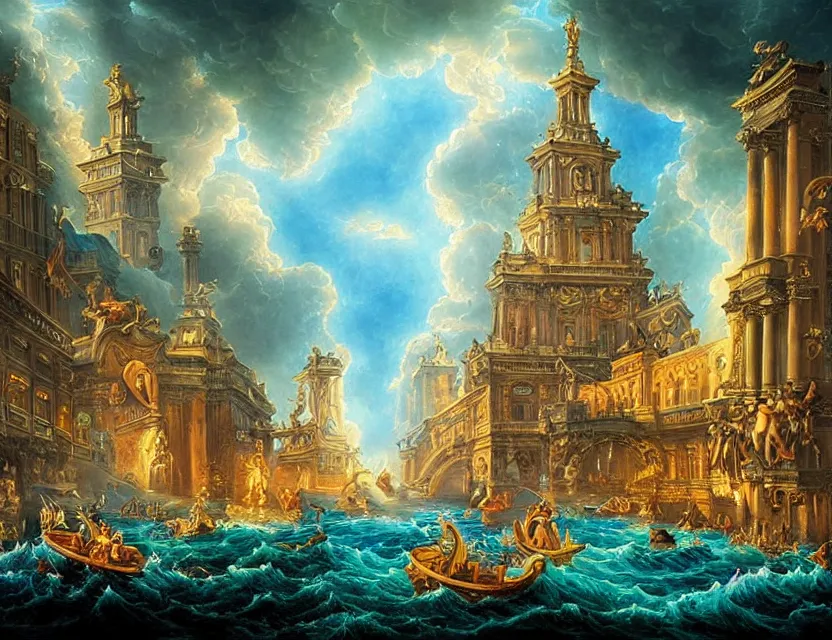 Prompt: ocean spirit lost in a metropolis. this rococo painting by the award - winning artist has dramatic lighting, an interesting color scheme and intricate details.