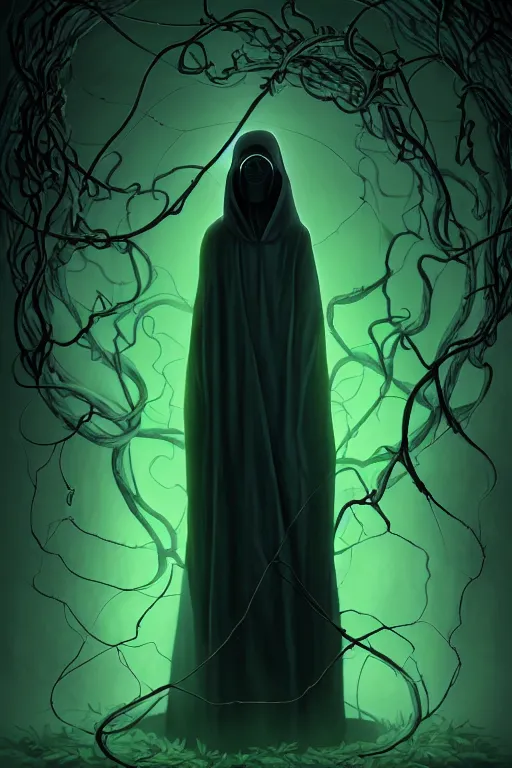 Image similar to A full body portrait of a ghost like character with no face, glowing eyes and a very long hooded dark green cloak made of leaves and vines art by Shaddy Safadi and Jason Chan, ominous, cosmic horror, trending on artstation, Ultra detailed, hyper realistic 4k