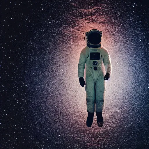 Prompt: photograph of an astronaut against the pitch black darkness of space, full body photo, lit from below, amazing light and shadow contrast,, 8 k