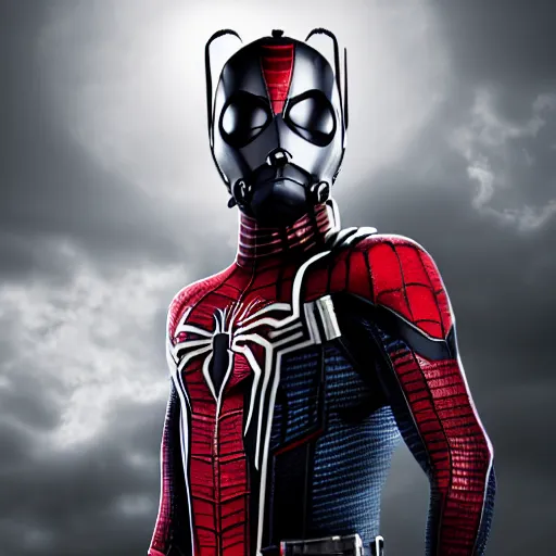 Image similar to characters portrait of Antman mixed with Spiderman, merged character, 4k, highly detailed, cinematic lighting