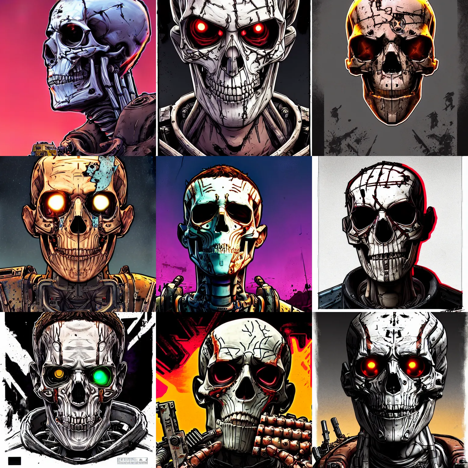 Prompt: borderlands 3 !!! mark zuckerberg! cell shaded! terminator endoskeleton exposed skull scary head portrait of terminator exposed skeleton of mark zuckerberg! cyborg as Borderlands 3 concept art, llustration, postapocalyptic grunge, concept art by Laurie Greasley, highly detailed, sharp focus,alien, HQ, 4K ,art by Laurie Greasley