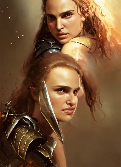 Image similar to young natalie portman, legendary warrior, fighter, lord of the rings, tattoos, decorative ornaments, battle armor, carl spitzweg, ismail inceoglu, vdragan bibin, hans thoma, greg rutkowski, alexandros pyromallis, cute, perfect face, detailed, sharply focused, centered, rule of thirds, photorealistic shading