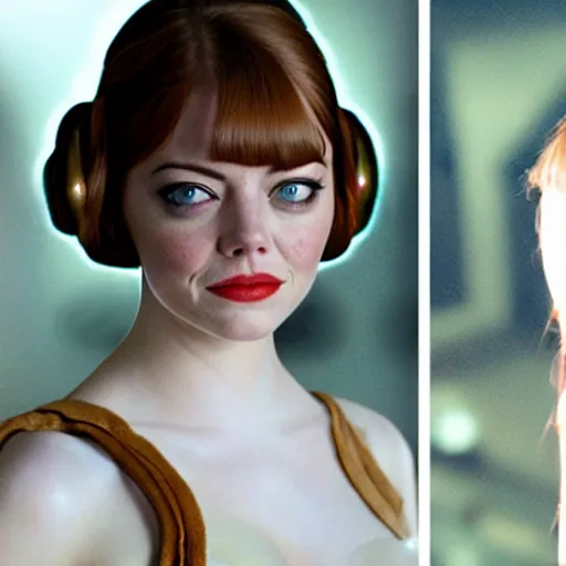 Image similar to Emma Stone as Princess Leia from Star Wars, movie scene