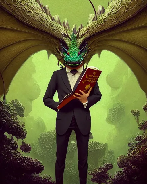 Image similar to anthropomorphic art of a businessman dragon, green dragon, portrait, victorian inspired clothing by artgerm, victo ngai, ryohei hase, artstation. fractal papers and books. highly detailed digital painting, smooth, global illumination, fantasy art by greg rutkowsky, karl spitzweg