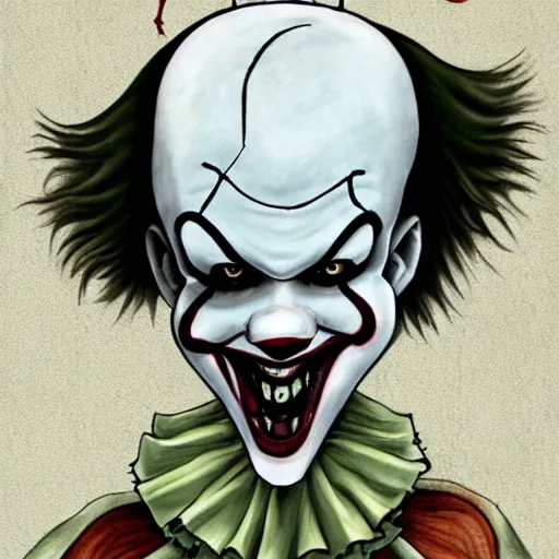 Image similar to grunge drawing of a happy pennywise in the style of the grudge | horror themed | loony toons style